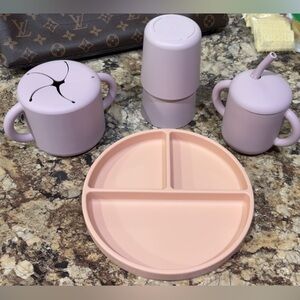 Silicone Kids Feeding Set - Pink and Light Purple Plate, Cups & Straw Mug